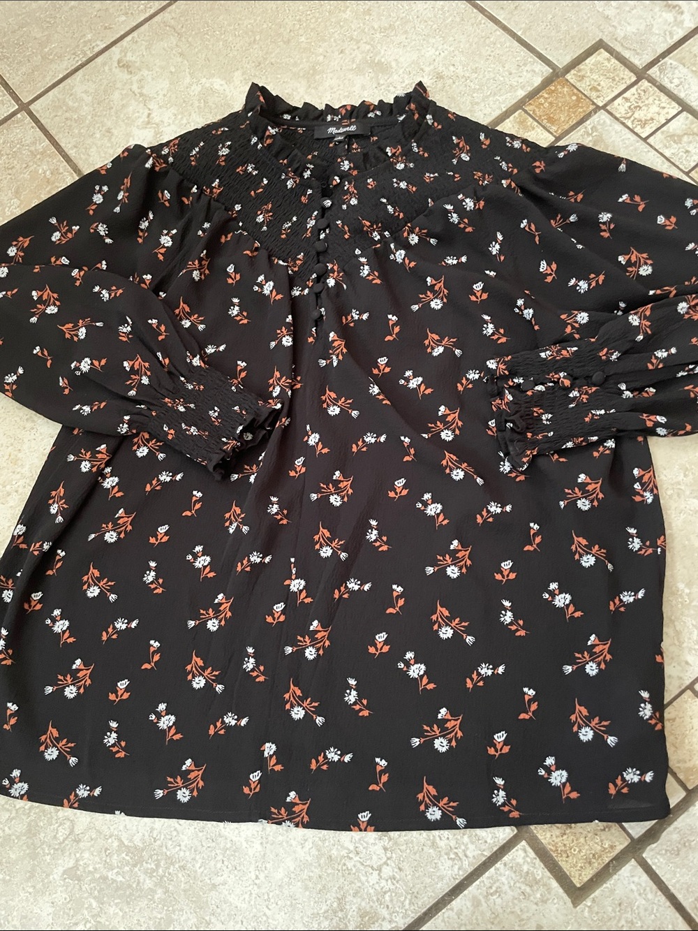 EUC Madewell Smocked Yoke Black Floral Long-SleeveTop with button detail, size S